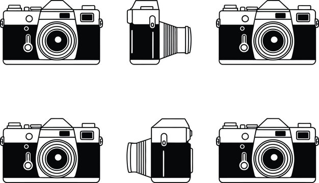 Black and white vector illustration of vintage photographic cameras in various perspectives