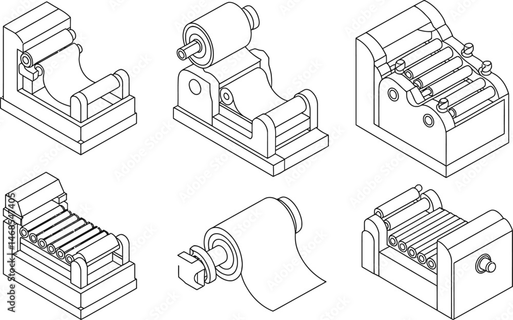 Poster isometric view of paper roll and printing press machine elements in clean outline style
