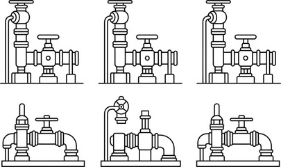 Collection of industrial pipeline and valve system elements illustrated in clean line art style © Ahsan