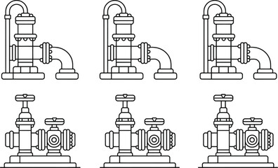 Obraz premium Vector illustration of industrial pipeline system and water valve components on a white background.