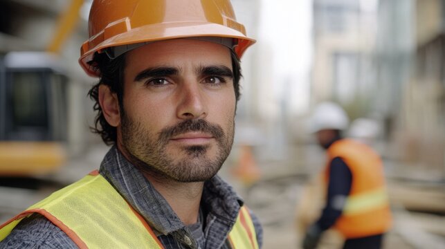 Young construction worker wearing safety gear on a busy construction site with machinery and colleagues in the background during the daytime - Powered by Adobe