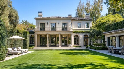 Obraz premium A large luxurious estate with a manicured lawn and garden