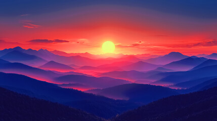 Obraz premium Vibrant sunset over hills background ultra realistic painting of rolling silhouettes bathed in molten orange and deep purple, where the last light of day melts into the cool hush of twilight backgroun