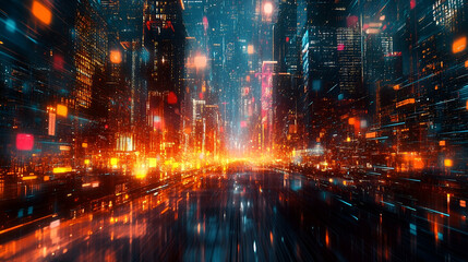 Fototapeta premium Futuristic cityscape illustration with vibrant digital lights.