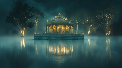 Luminous floating temple above calm lake surrounded by mist and glowing trees cinematic spiritual haven