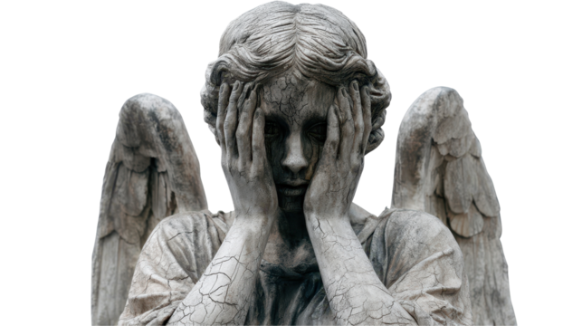Melancholic angel statue mourns with hidden face. transparent background