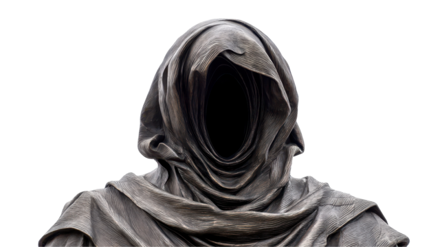 Mysterious figure draped in dark fabric. transparent background