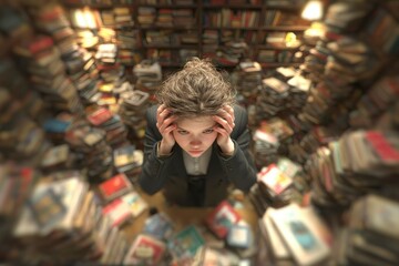Fototapeta premium Overwhelmed Student in a Sea of Books A Study Stress Scene