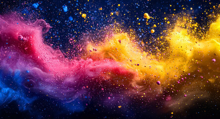 Vivid abstract splatter effect background with swirling droplets of electric yellow and neon purple, scattering across a gradient backdrop as if propelled by dynamic kinetic force background jpg
