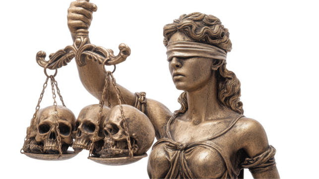 Justice statue with blindfold and skulls. transparent background