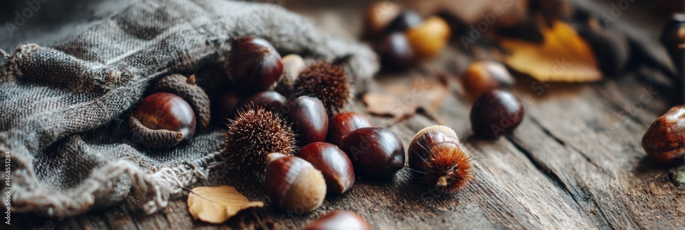 Poster fallen chestnuts and acorns scattered on a rustic wooden table in autumn generative ai