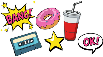 Vibrant Pop Art Design featuring Donut Soda Cassette Tape and Speech Bubbles