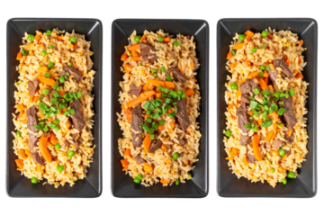 Three A rectangular dish of fried rice with beef and carrots, a transparent background