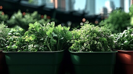 Fototapeta premium Fresh herbs in planters, outdoor market setting
