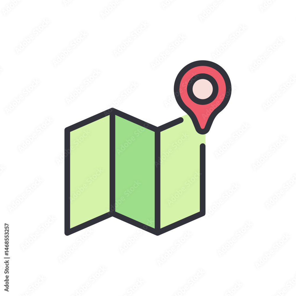 Poster conceptual flat design of location pin over unfolded map on white backdrop