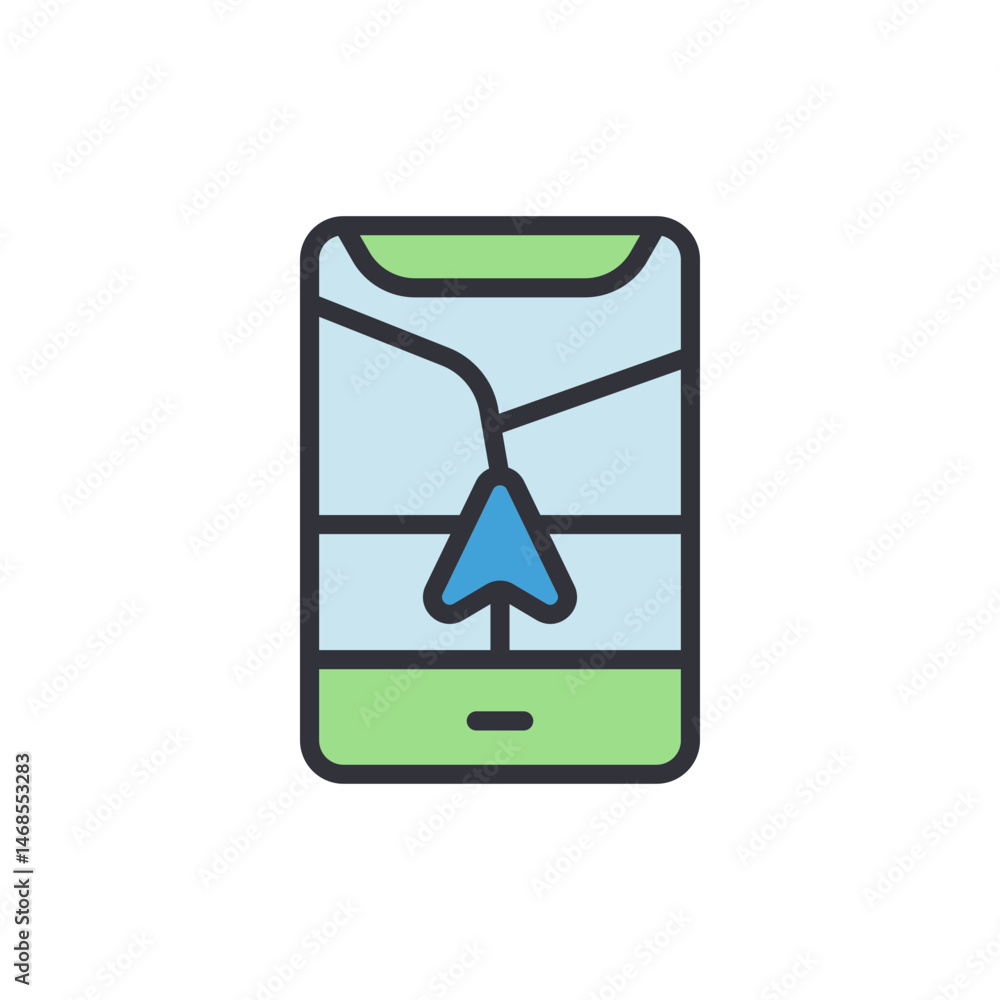 Poster smartphone with navigation app showing direction route on the screen