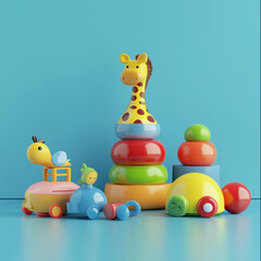 colorful 3d render of playful kids' toys on vibrant blue background - childhood fun and imagination concept