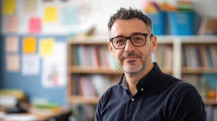 Professional adult male with glasses smiling in a bright office environment and looking at the camera, educational background visible in soft focus