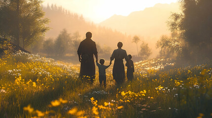 Silhouette family walking through a meadow at sunrise.