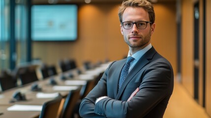 Confident Businessman in Modern Conference Room with Stylish Attire and Professional Appearance Emphasizing Leadership and Corporate Environment
