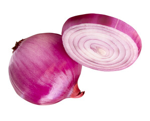 Single fresh peeled red or purple Spanish onion bulb with one onion slice in circle in stack...