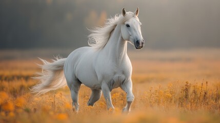 Fototapeta premium Majestic white horse galloping across golden field