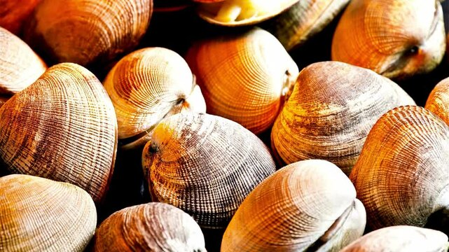 Close-up view of numerous Manila clams, showcasing their textures and colors.