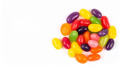 Vibrant pile of colorful jelly beans on a clean white background, sweet treat for the eyes