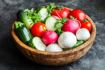 Assortment of Fresh Vegetables in Rustic Wooden Bowl