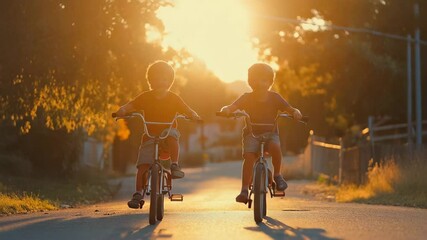 Children riding bikes at sunset on street summer activity childhood friends happy kids bicycle adventure fun - Powered by Adobe