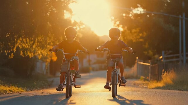 Children riding bikes at sunset on street summer activity childhood friends happy kids bicycle adventure fun