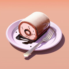 slice of cake on plate.strawberry cake on a plate, Beautifully cake, served on a light purple plate with a fork on the side.