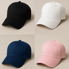 Plain baseball cap style hats arranged in a 2x2 formation on a neutral colored fabric background....