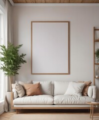 Cozy living room, poster mockup on clips, white wall, wooden frame,  marketing,  home