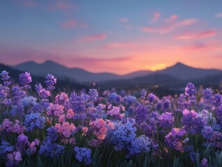 Fototapeta premium A vibrant field of purple and pink wildflowers with mountains in the background under a colorful sunset sky.