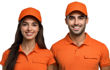 A male and female worker in orange shirts and caps, posing for a photo, with smiling facial expressions, against a transparent background