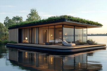 Obraz premium Modern, floating house on tranquil lake waters.