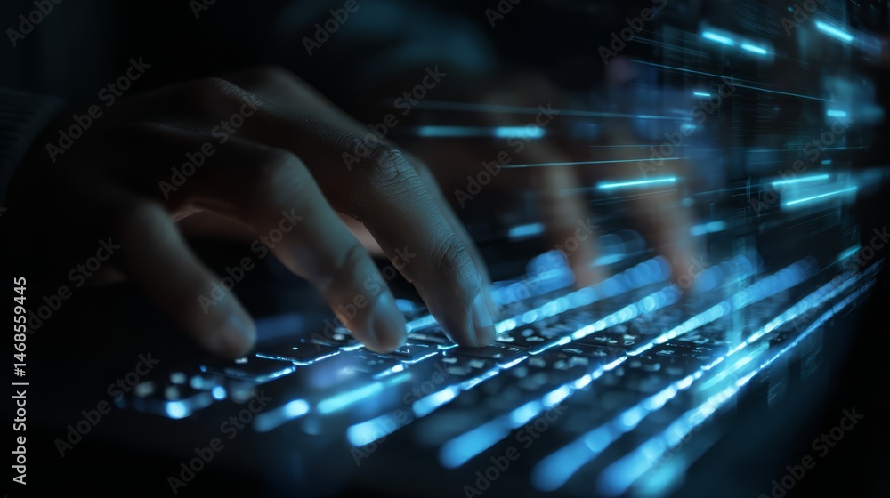 Poster close up of hands typing on a glowing keyboard in the dark studio