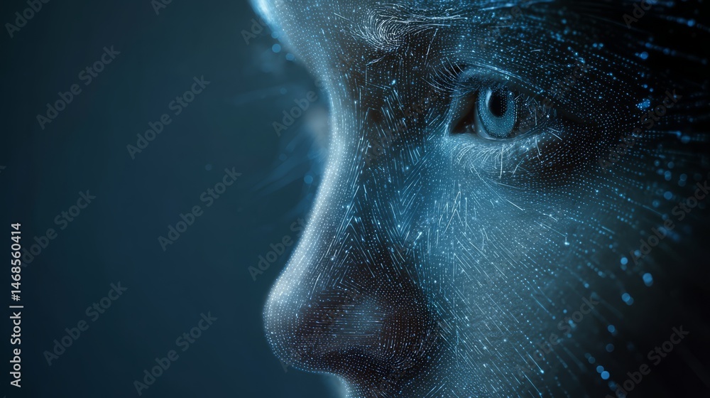 Poster digital human face with glowing lines and dots evokes artificial intelligence