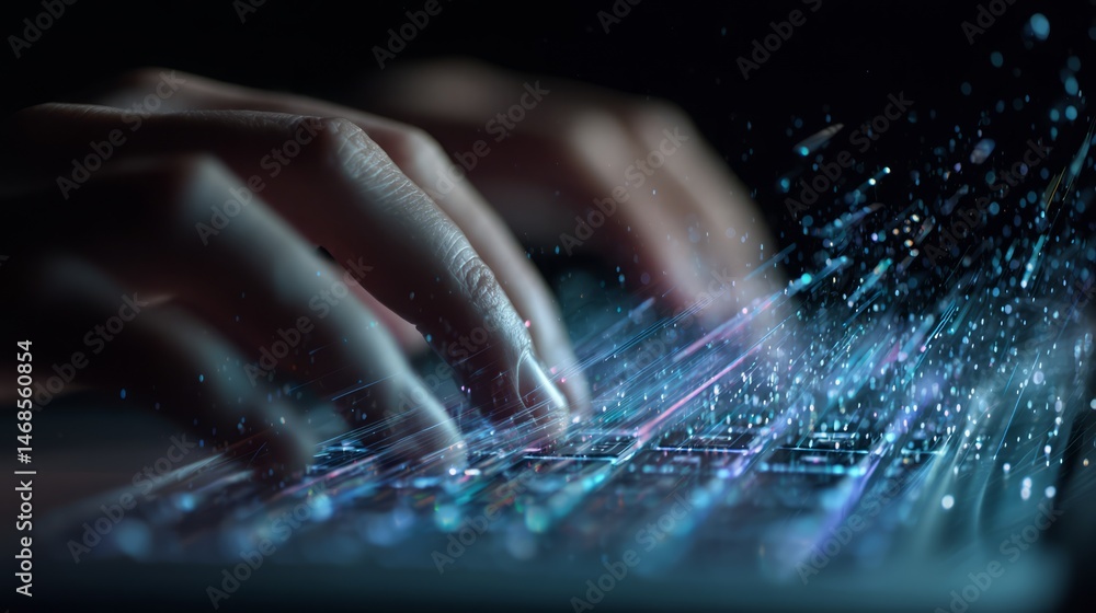 Aufkleber fingers typing on glowing keyboard with abstract light trails effect