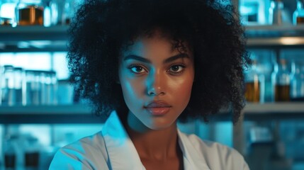 Confident Young Scientist in Lab Coat with Natural Hair, Standing Against Shelves of Laboratory Equipment, Engaged in Scientific Research