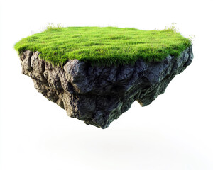 Floating Island Stone Platform with Green Grass on Top, Isolated on White