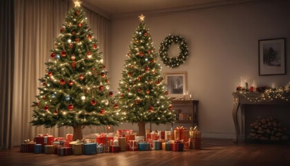 Magnificent decorated tree, glowing lights, abundant presents ,  garland,  ribbon,  fir