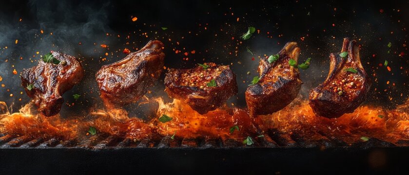 Delicious lamb chops sizzling on a hot barbecue grill.