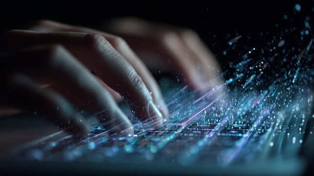 Fingers typing on glowing keyboard with abstract light trails effect