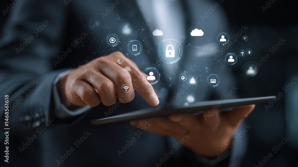 Poster man uses tablet with cybersecurity network icons for data protection