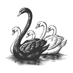 black swan surrounded by white swans, representing an outlier, rarity, or unexpected disruptive force sketch