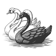 black swan surrounded by white swans, representing an outlier, rarity, or unexpected disruptive force sketch