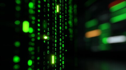 Matrix style green binary code on a dark background for modern technology