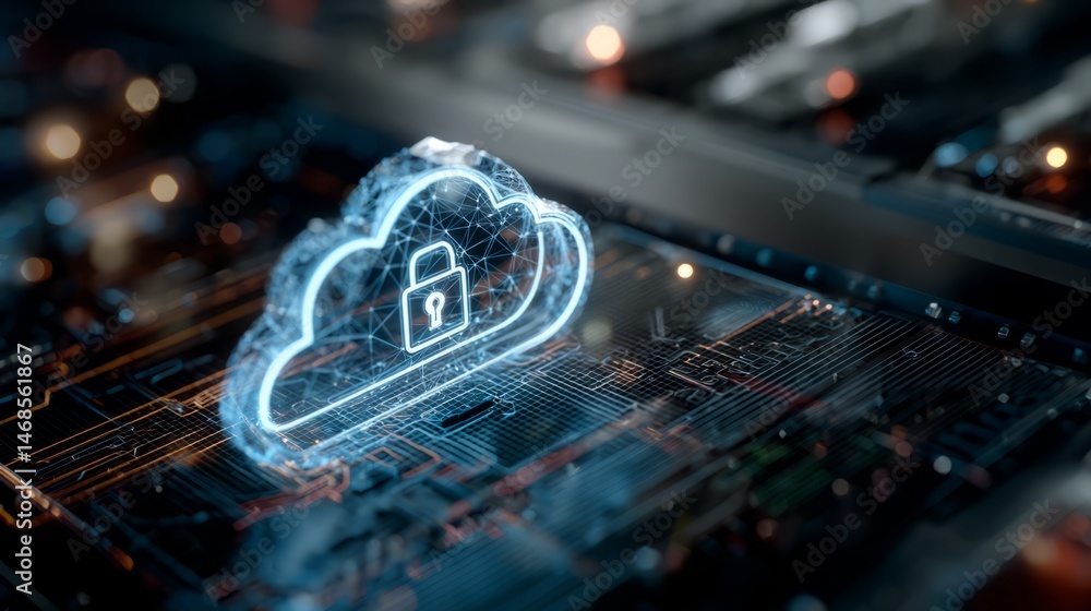Poster secure cloud computing technology with digital padlock illustration